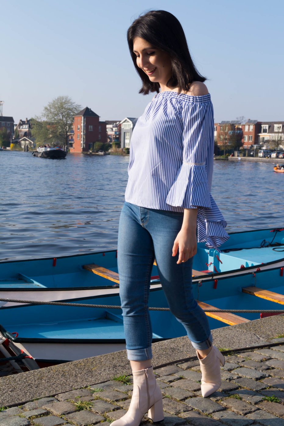 Blue off the shoulder striped top