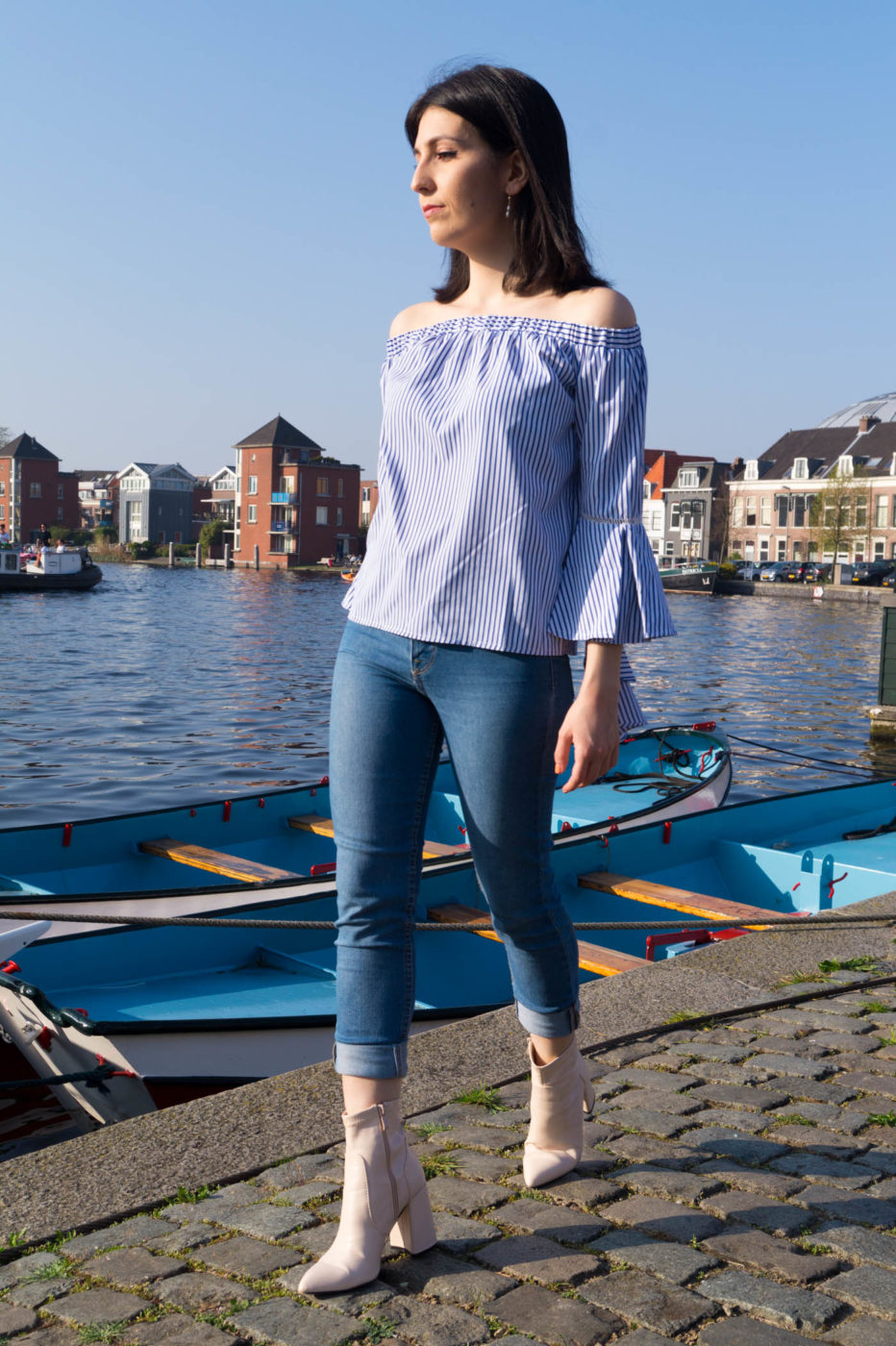 Blue off the shoulder striped top
