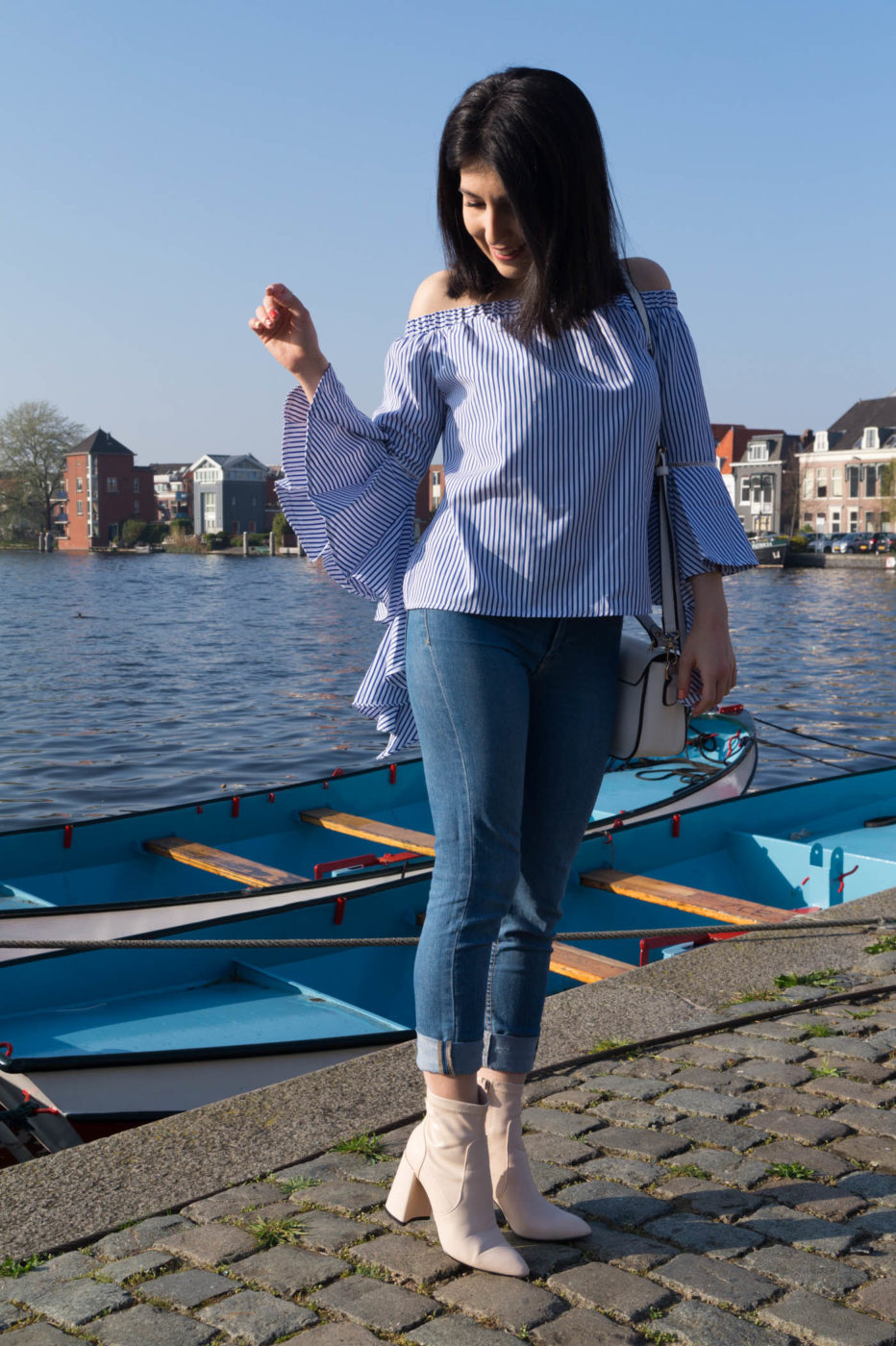 Blue off the shoulder striped top
