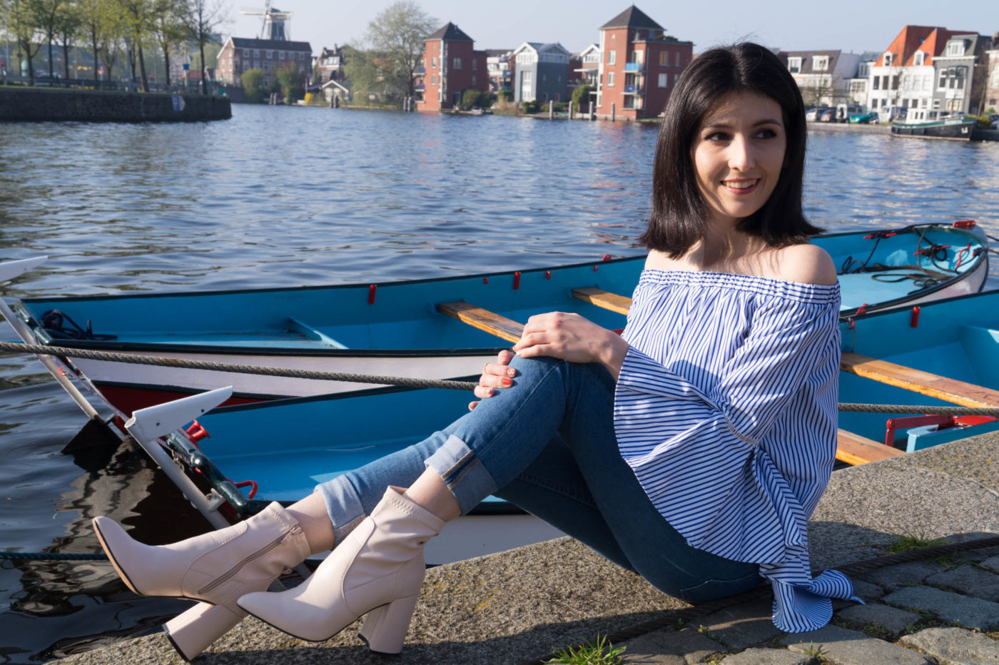 Blue off the shoulder striped top